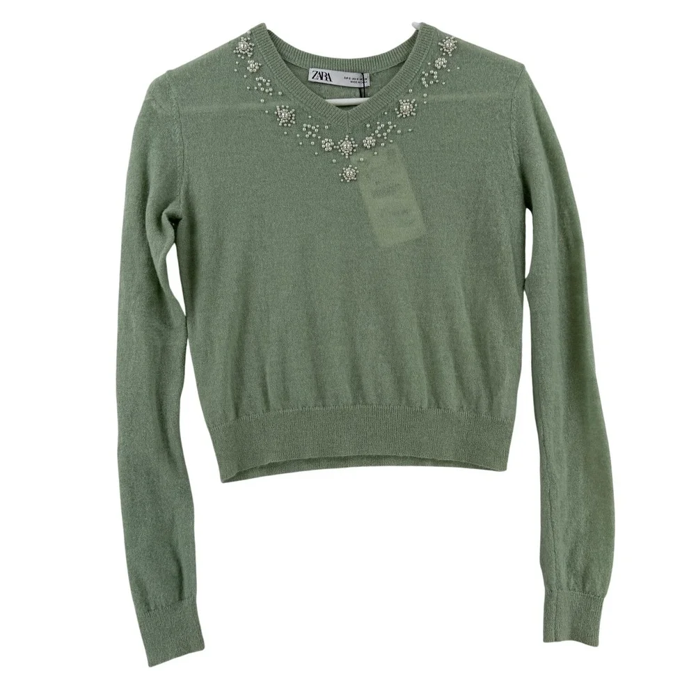 Zara Sweater Womens Small Green Beaded Pearl V Neck Cropped Knit Pullover‎ NWT